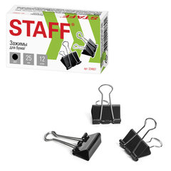 Зажимы для бумаг STAFF &laquo;EVERYDAY&raquo;, КОМПЛЕКТ 12 шт., 25 мм, на 100 листов, черные, картонная коробка, 224607