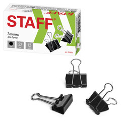 Зажимы для бумаг STAFF &laquo;EVERYDAY&raquo;, КОМПЛЕКТ 12 шт., 32 мм, на 140 листов, черные, картонная коробка, 224608