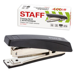 Степлер №10 STAFF &laquo;Basic&raquo;, до 10 листов, с антистеплером, черный, 224625