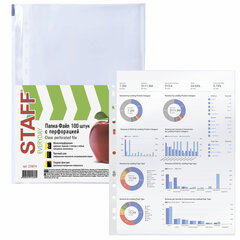 Папки-файлы перфорированные, А4, STAFF &laquo;STANDARD&raquo;, КОМПЛЕКТ 100 шт., гладкие, 25 мкм, 224814