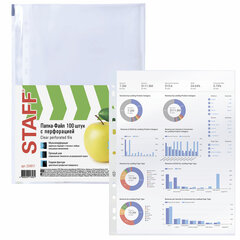 Папки-файлы перфорированные, А4, STAFF &laquo;STANDARD&raquo;, КОМПЛЕКТ 100 шт., гладкие, &laquo;Яблоко&raquo;, 30 мкм, 224917