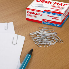 Скрепки ОФИСМАГ, 33 мм, никелированные, 100 шт., в картонной коробке, 225153