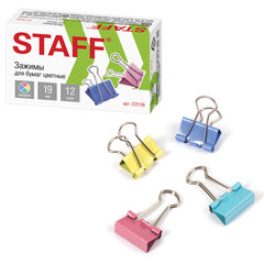 Зажимы для бумаг STAFF &laquo;Profit&raquo;, КОМПЛЕКТ 12 шт., 19 мм, на 60 листов, цветные, картонная коробка, 225156