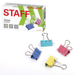 Зажимы для бумаг STAFF &laquo;Profit&raquo;, КОМПЛЕКТ 12 шт., 32 мм, на 140 листов, цветные, картонная коробка, 225158