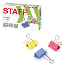 Зажимы для бумаг STAFF &laquo;Profit&raquo;, КОМПЛЕКТ 12 шт., 41 мм, на 200 листов, цветные, картонная коробка, 225159