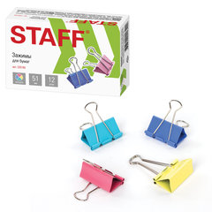 Зажимы для бумаг STAFF &laquo;Profit&raquo;, КОМПЛЕКТ 12 шт., 51 мм, на 230 листов, цветные, картонная коробка, 225160