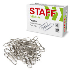 Изображение товара Набор скрепок STAFF EVERYDAY 28 мм, 100 штук, никелированные, упаковка в картоне