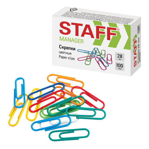 Скрепки STAFF "Manager", 28 мм, цветные, 100 шт., в картонной коробке, 226821