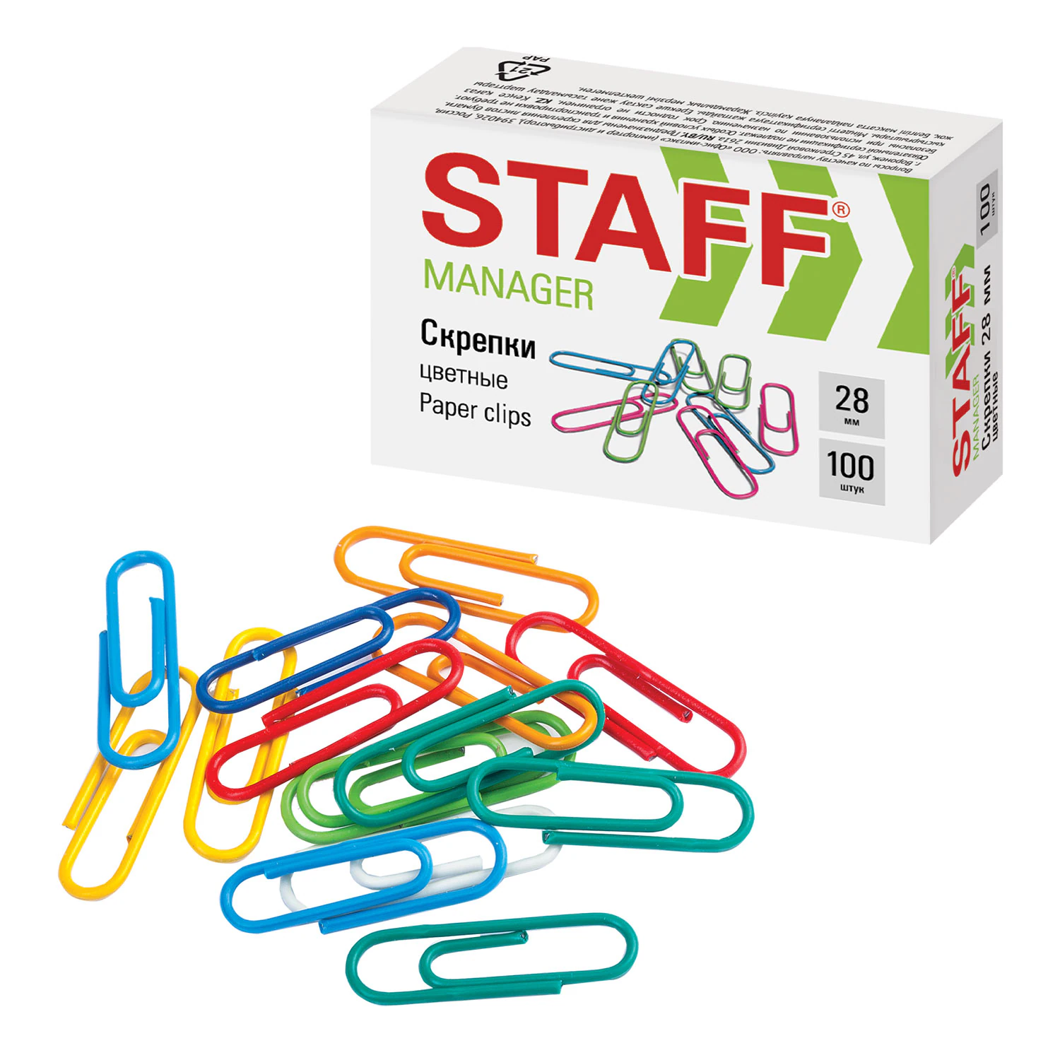 Скрепки STAFF "Manager", 28 мм, цветные, 100 шт., в картонной коробке, 226821