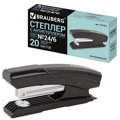 Степлер №24/<wbr/>6, 26/<wbr/>6 BRAUBERG &laquo;Black Jack&raquo;, до 20 листов, антистеплер, черный, 227764