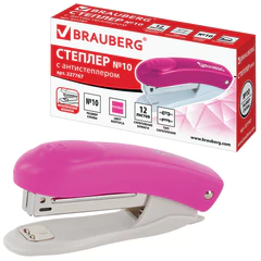 Степлер №10 BRAUBERG &laquo;Original&raquo;, до 12 листов, с антистеплером, розовый, 227767