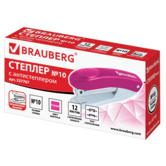 Степлер №10 BRAUBERG &laquo;Original&raquo;, до 12 листов, с антистеплером, розовый, 227767