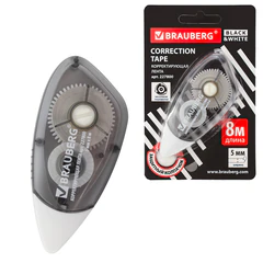 Корректирующая лента BRAUBERG BLACK&amp;WHITE, 5 мм х 8 м, корпус черный тонированный, механизм перемотки, блистер, 227800