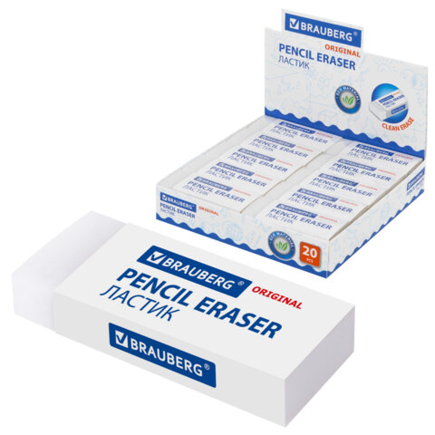 Ластик большой BRAUBERG EXTRA, 60х24х11 мм, белый, прямоугольный, экологичный ПВХ, картонный держатель, 228074