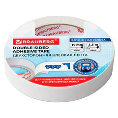 Клейкая двухсторонняя лента 19 мм х 3,5 м, НА ВСПЕНЕННОЙ ОСНОВЕ, 1 мм, прочная, BRAUBERG, 228326
