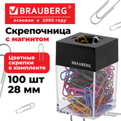 Скрепочница магнитная BRAUBERG со 100 цветными скрепками 28 мм, прозрачный корпус, 228401