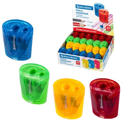Точилка BRAUBERG "Cell Dual", 2 отверстия для чернографитных карандашей (в том числе утолщенных), с контейнером, корпус ассорти, 228435