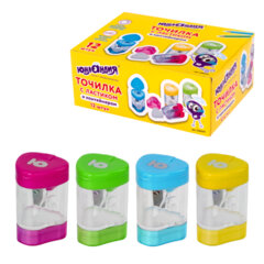 Точилка ЮНЛАНДИЯ "Трио +", со стирательной резинкой, с контейнером, пластиковая, ассорти, 228439
