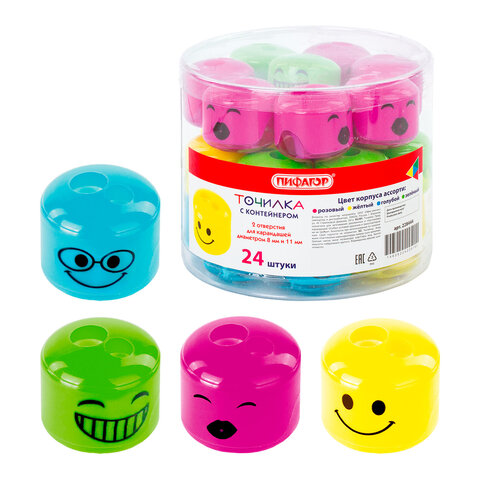 Точилка ПИФАГОР "Смайлики", 2 отверстия для чернографитных карандашей (в том числе утолщенных), с контейнером, пластиковая, ассорти, 228444