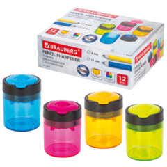 Точилка BRAUBERG "Office Round", 2 отверстия для чернографитных карандашей (в том числе утолщенных), с контейнером, ассорти, 228446