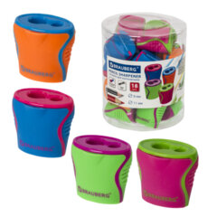 Точилка BRAUBERG &laquo;Mix Dual&raquo;, 2 отверстия для чернографитных карандашей (в том числе утолщенных), с контейнером, корпус ассорти, 228449