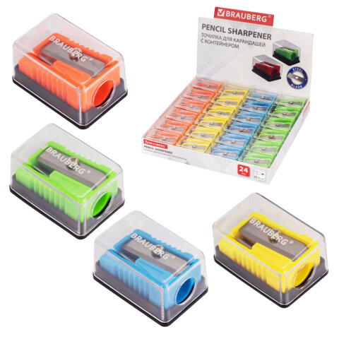 Точилка BRAUBERG "Assistant Mini", с контейнером, пластиковая, корпус ассорти, 228458