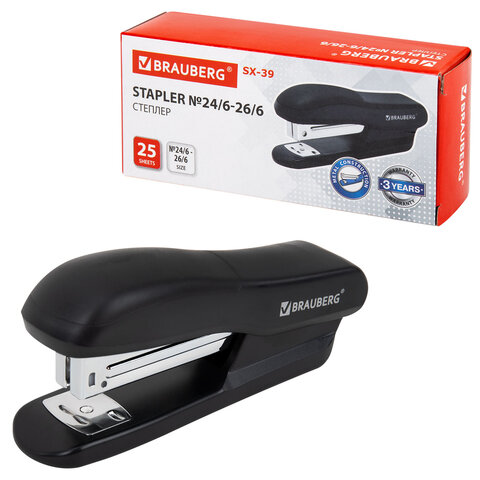 Степлер №24/6, 26/6 BRAUBERG "SX-39", до 25 листов, черный, 228590