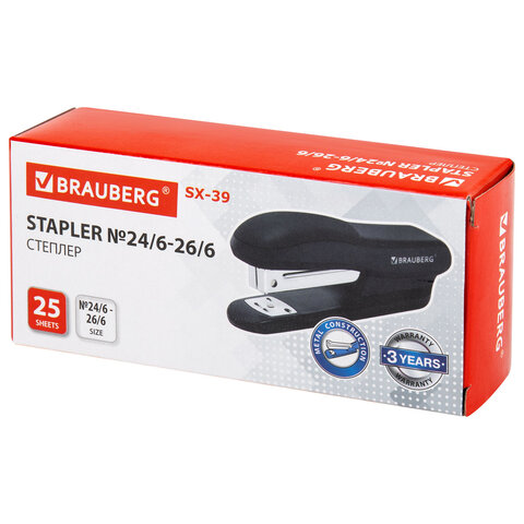 Степлер №24/6, 26/6 BRAUBERG "SX-39", до 25 листов, черный, 228590
