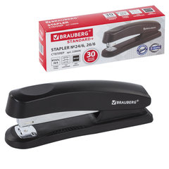 Степлер №24/<wbr/>6, 26/<wbr/>6 BRAUBERG &laquo;Standard+&raquo;, до 30 листов, полнозагрузочный,черный, 228606