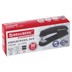 Степлер №24/<wbr/>6, 26/<wbr/>6 BRAUBERG &laquo;Standard+&raquo;, до 30 листов, черный, 228608