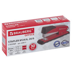 Степлер №24/<wbr/>6, 26/<wbr/>6 металлический BRAUBERG &laquo;Office&raquo;, до 30 листов, красный, 228613