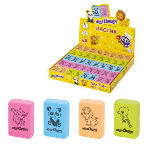Ластик ЮНЛАНДИЯ "Зверушки", 28х18х10 мм, цвет ассорти, прямоугольный, 228706