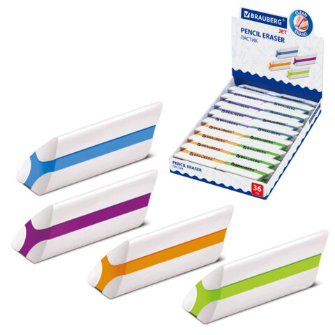 Ластик BRAUBERG "Jet", 57х16х16 мм, цвет ассорти, треугольный, скошенные края, 228718