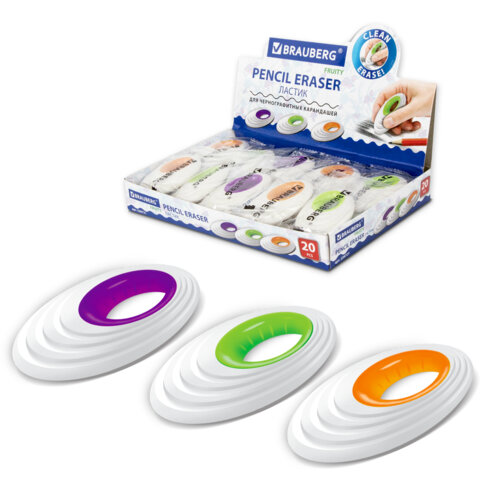 Ластик большой BRAUBERG "Fruity", 65х40х13 мм, белый, пластиковый держатель ассорти, 228721