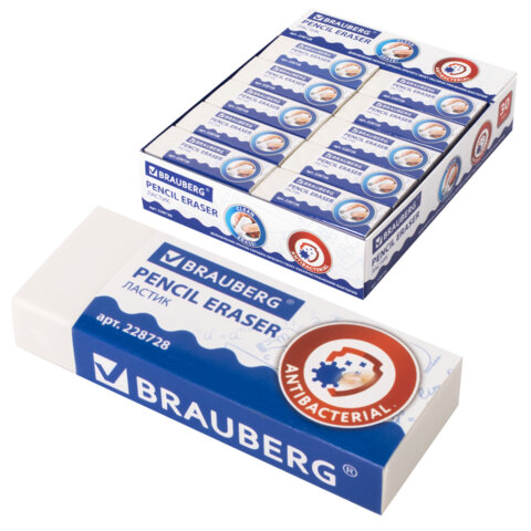 Ластик BRAUBERG "АНТИБАКТЕРИАЛЬНЫЙ", 58х22х12 мм, белый, прямоугольный, картонный держатель, 228728