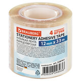 Клейкие ленты 12 мм х 33 м канцелярские BRAUBERG, КОМПЛЕКТ 4 шт., прозрачные, гарантированная длина, 228761