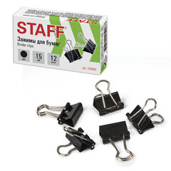 Зажимы для бумаг STAFF &laquo;EVERYDAY&raquo;, КОМПЛЕКТ 12 шт., 15 мм, на 45 листов, черные, картонная коробка, 229049