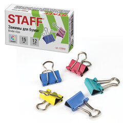 Зажимы для бумаг STAFF &laquo;Profit&raquo;, КОМПЛЕКТ 12 шт., 15 мм, на 45 листов, цветные, картонная коробка, 229050