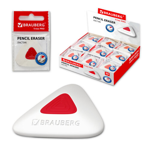 Ластик BRAUBERG "Trios PRO", 36х36х9 мм, белый, треугольный, красный пластиковый держатель, 229559