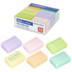Ластики BRAUBERG &laquo;Pastel Soft&raquo; НАБОР 12 шт., размер ластика 31&times;20&times;10 мм, экологичный ПВХ, 229598