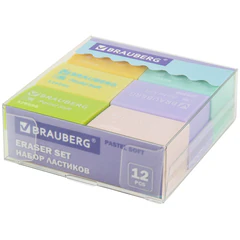 Ластики BRAUBERG &laquo;Pastel Soft&raquo; НАБОР 12 шт., размер ластика 31&times;20&times;10 мм, экологичный ПВХ, 229598