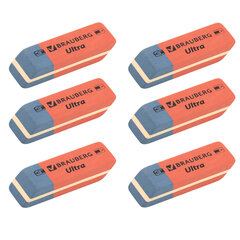 Ластики BRAUBERG &laquo;Ultra&raquo; 6 шт., размер ластика 41&times;14&times;8 мм, красно-синие, натуральный каучук, 229599.