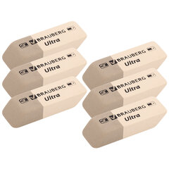 Ластики BRAUBERG &laquo;Ultra&raquo; 6 шт., размер ластика 41&times;14&times;8 мм, серо-белые, натуральный каучук, 229600