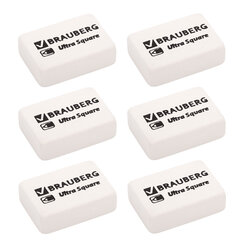 Ластики BRAUBERG &laquo;Ultra Square&raquo; 6 шт., размер ластика 29&times;18&times;8 мм, белые, натуральный каучук, 229603