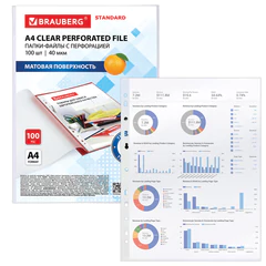 Папки-файлы перфорированные А4 BRAUBERG &laquo;STANDARD&raquo;, КОМПЛЕКТ 100 шт., матовые, 40 мкм, 229660