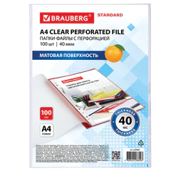 Папки-файлы перфорированные А4 BRAUBERG &laquo;STANDARD&raquo;, КОМПЛЕКТ 100 шт., матовые, 40 мкм, 229660