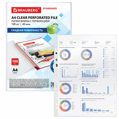 Папки-файлы перфорированные А4 BRAUBERG &laquo;STANDARD&raquo;, КОМПЛЕКТ 100 шт., гладкие, 40 мкм, 229661