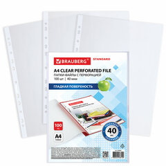 Папки-файлы перфорированные А4 BRAUBERG &laquo;STANDARD&raquo;, КОМПЛЕКТ 100 шт., гладкие, 40 мкм, 229661