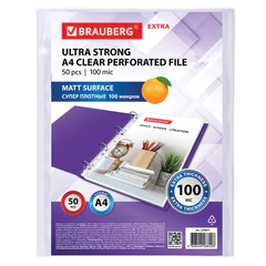 Папки-файлы перфорированные А4 BRAUBERG &laquo;EXTRA 1000&raquo;, КОМПЛЕКТ 50 шт., матовые, ПЛОТНЫЕ, 100 мкм, 229671