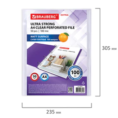 Папки-файлы перфорированные А4 BRAUBERG &laquo;EXTRA 1000&raquo;, КОМПЛЕКТ 50 шт., матовые, ПЛОТНЫЕ, 100 мкм, 229671
